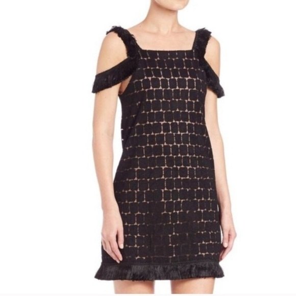 Alexis Dress Jasmine Black Tan Fringe Trim Low Back Sleeveless Mini Cocktail